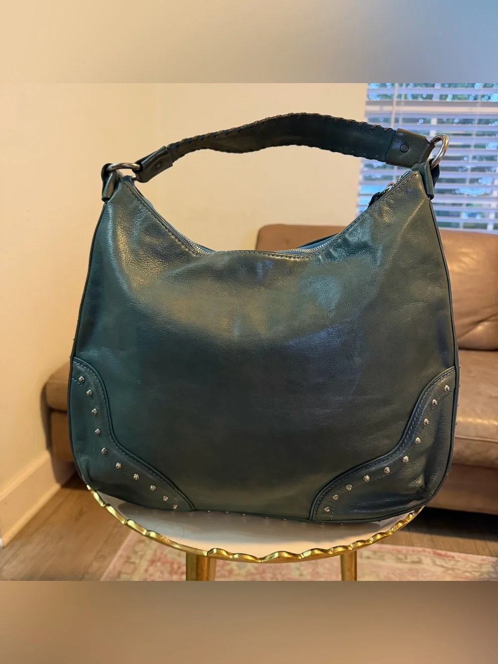 Vintage Michael Kors Teal Studded Leather Hobo Shoulder Bag Large